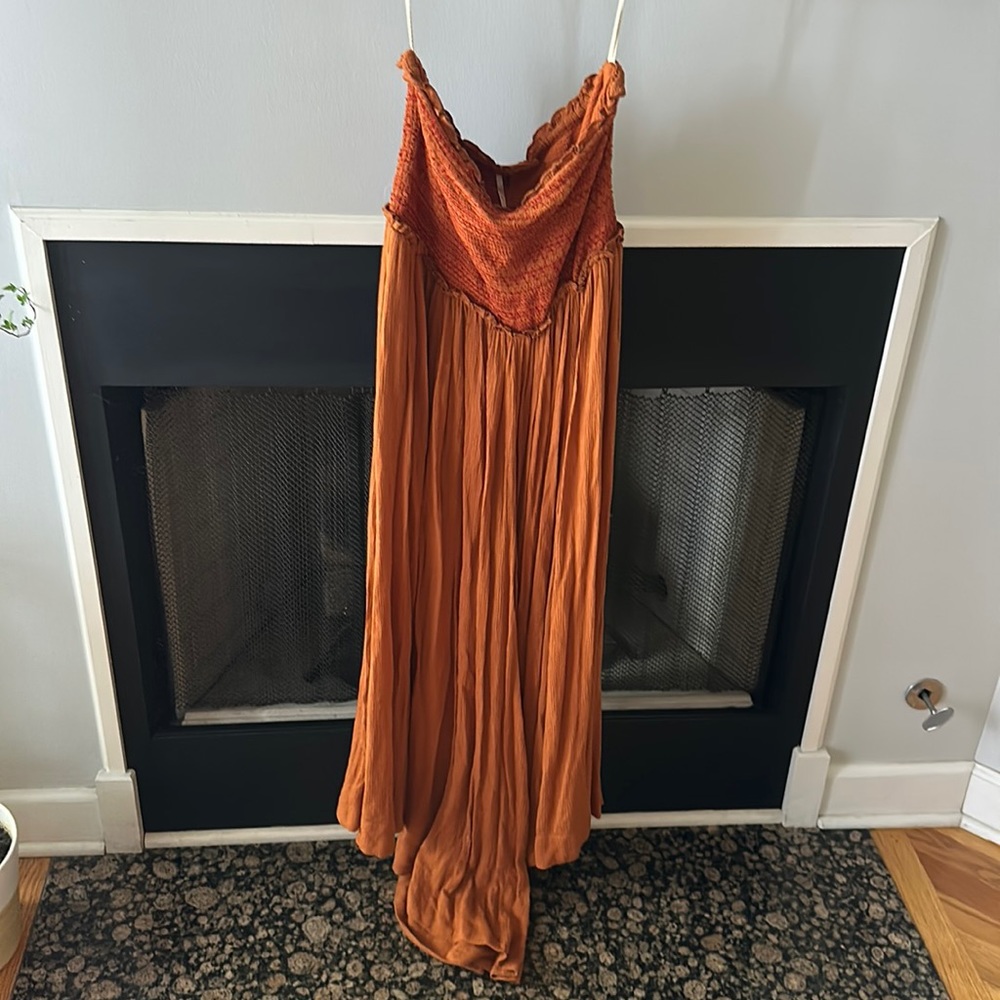 Free People burnt orange strapless jumpsuit